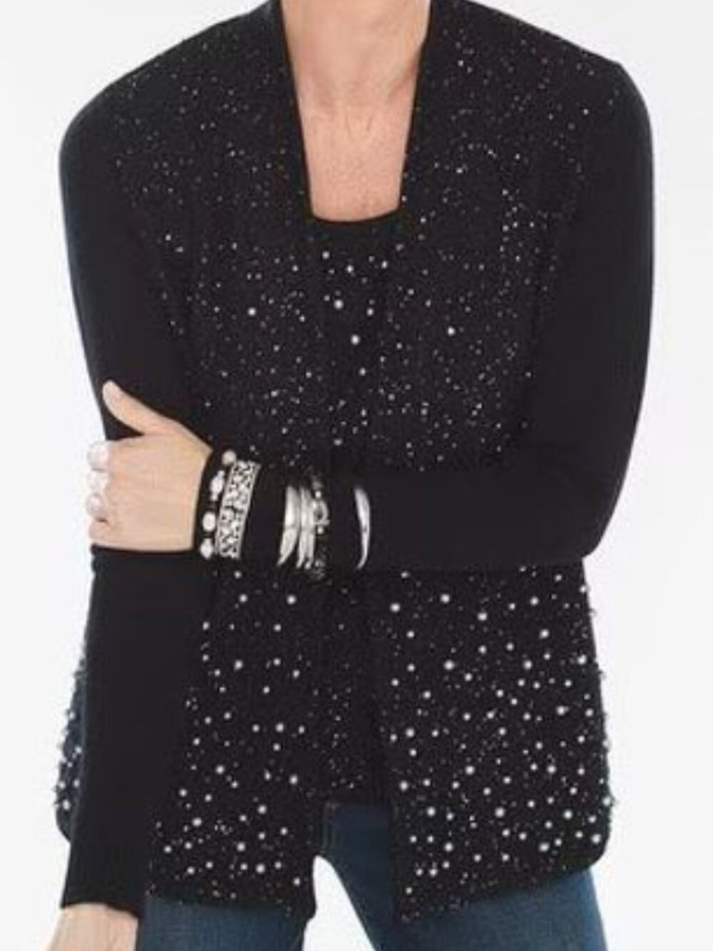 Chico's Black Scattered Faux-Pearl Open-Front Cardigan size 2 US L 12/14